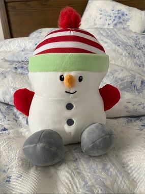 Festive Plush Snowman Stuffie- White with Red Hat and Green Trim